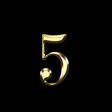 Altın sayı beş 3d illüstrasyon izole siyah arka plan üzerine