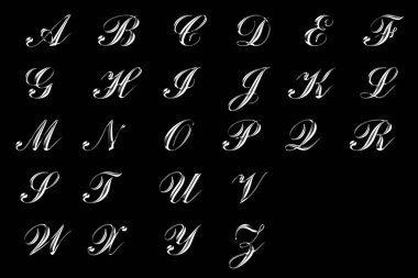 İngilizce alfabe resimde siyah arka plan üzerine gümüş