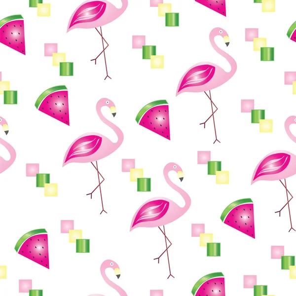 Seamless Pattern Flamingos Watermelons Summer Theme White Background — Stock Vector