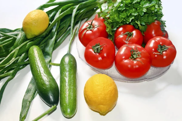 Verduras Frescas Limón Tomates Pepino Perejil Cebolla Dieta Saludable Icono — Foto de Stock