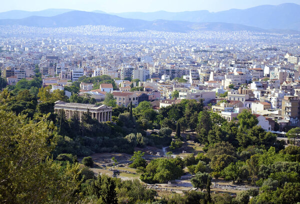 Cityscape of Athens Greece with the Temple of Hephaestus view