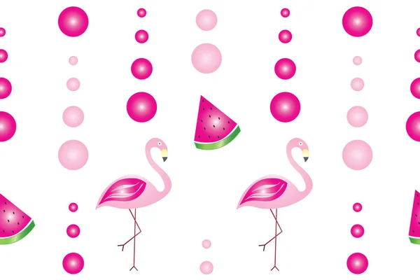 Varrat Nélküli Mintát Flamingók Görögdinnye Buborék Rózsaszín Színek Fehér Háttér — Stock Vector