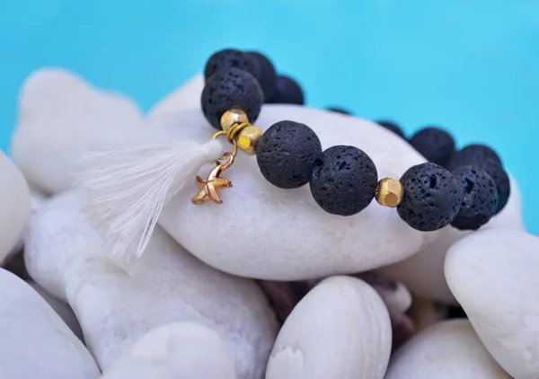 Gemstone Bileklik siyah lav boncuk ve denizyıldızı - volkan taş - yarı değerli taşlar takı kolye 