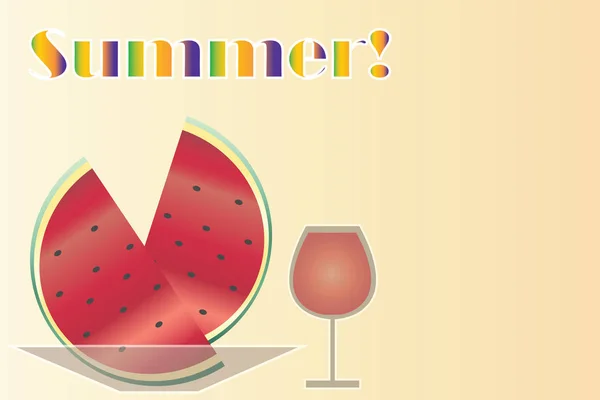 Summer Card Watermelon Fruit Glass Wine Vector Summer Theme Illustration — Stock Vector