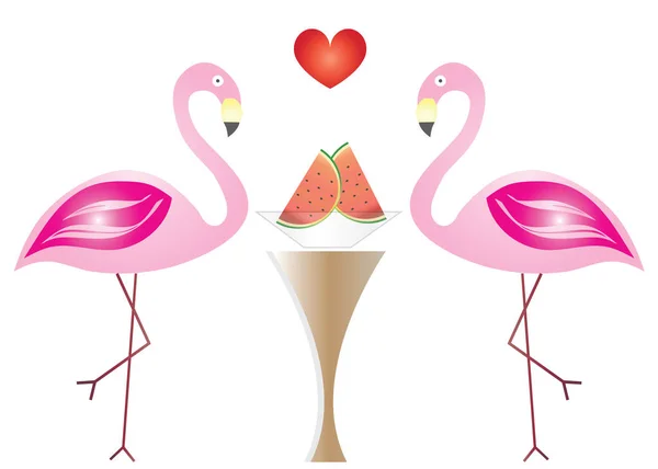 Два Фламинго Любви Едят Вектор Фруктов Арбуза День Святого Валентина — стоковый вектор