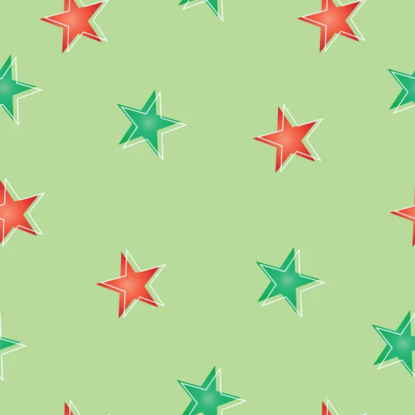 Nahtloses Muster Mit Sternen Roten Und Grünen Farben Hellgrüner Hintergrund — Stockvektor