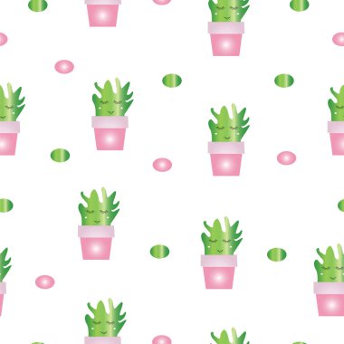 kaktüs bitkileri ile Dikişsiz desen vektör - yeşil ve pembe renkler - beyaz arka plan