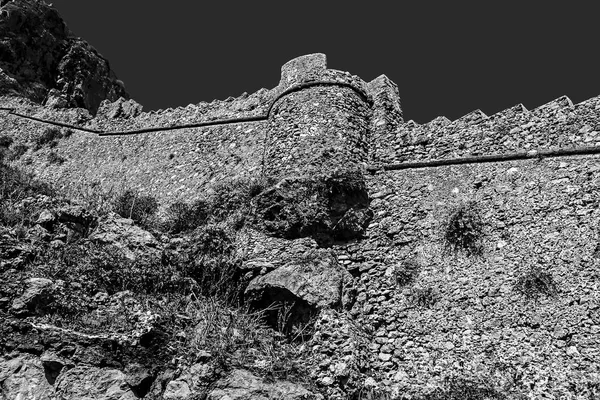 Foto Preto Branco Castelo Monemvasia Parede Laconia Peloponeso Grécia — Fotografia de Stock