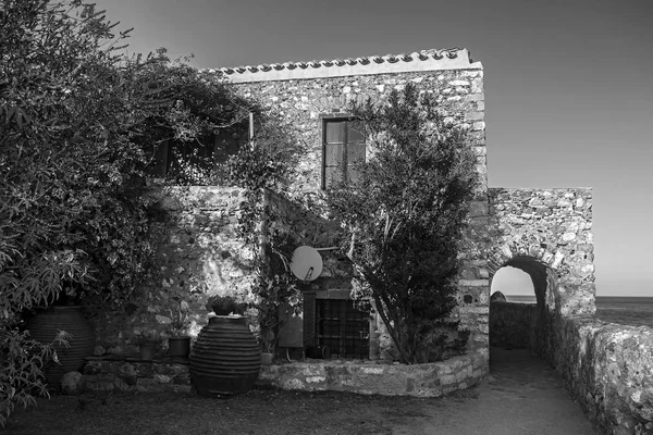 Традиционный Дом Замке Monemvasia Пелопоннес Греции Черно Белое Фото — стоковое фото