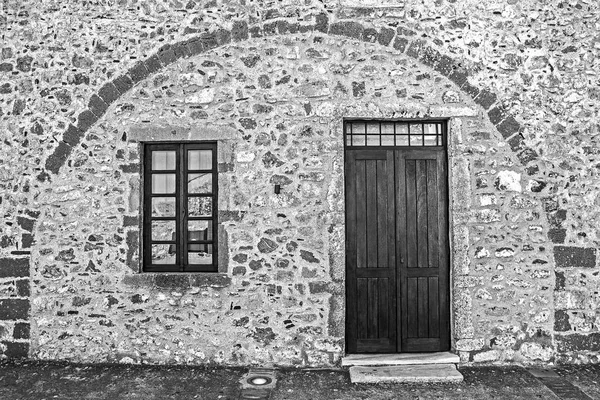 Muralha Pedra Tradicional Porta Janela Castelo Monemvasia Grécia Laconia Peloponeso — Fotografia de Stock