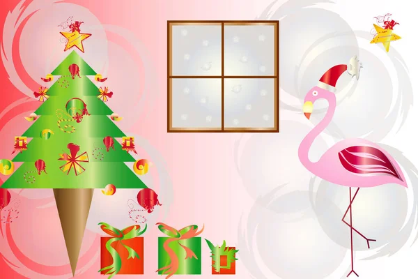 Kartka Świąteczna Ilustracja Flamingo Choinka Pudełeczka Uroczysty Tematu — Zdjęcie stockowe