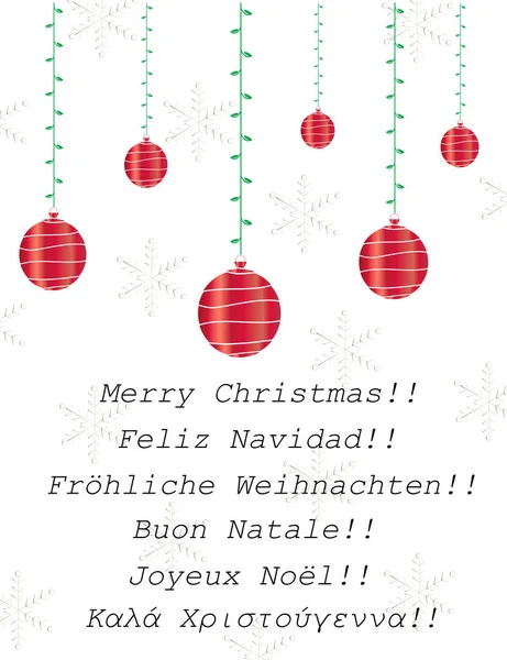 merry Christmas card vector in multiple languages - english, spanish, german, italian, french and greek wishes