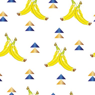 Muz meyve vektör - yaz tema doku - ile Seamless modeli mavi üçgenler 