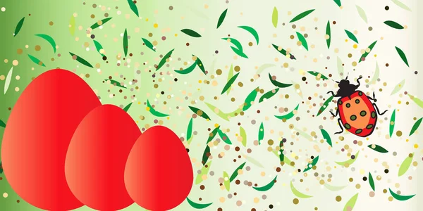 Easter illustration with red Easter eggs, lady bug and green grass background