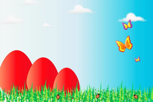 Ilustração de Páscoa com ovos de Páscoa vermelhos na natureza - fundo azul do céu, borboletas e insetos senhora — Fotografia de Stock