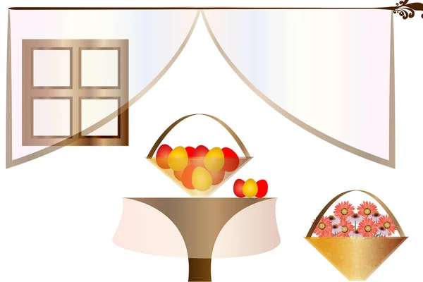 Ilustração da Páscoa - cena em casa interior - cesta com ovos de Páscoa na mesa e flores de primavera florescendo — Fotografia de Stock