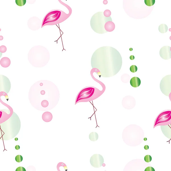 Seamless pattern with flamingos and abstract bubbles in pink and green colors — Stock Vector