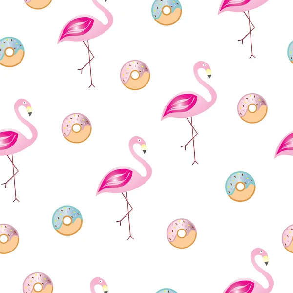 Nahtloses Muster mit Flamingos und Donuts-Vektor — Stockvektor