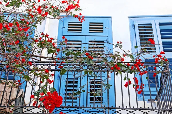 Janelas Tradicionais Com Flores Bougainvillea Nafplio Argolis Grécia — Fotografia de Stock