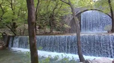 Trikala Thessaly Yunanistan Palaiokaria çift şelaleler - iki şelaleler arasında taşlı kemerli köprü