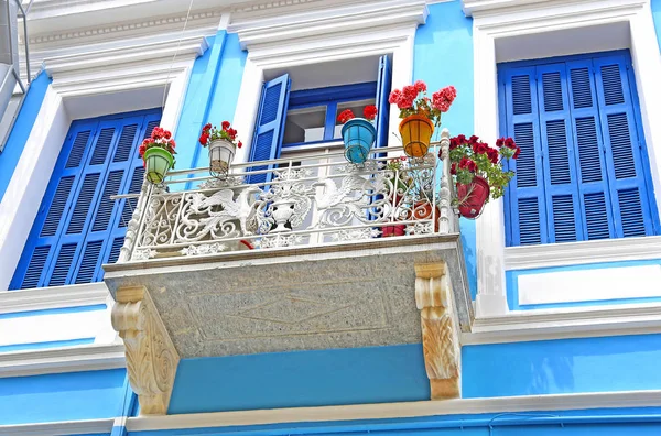 traditional house in blue and turquoise colors at Nafplio town Argolis Greece