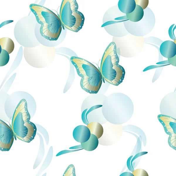 Seamless pattern with butterflies vector in turquoise and beige colors — Stock Vector