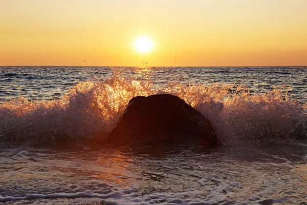 Sunset Scenery Beach Paxos Ionian Islands Greece Waves Splash Hitting — Stock Photo, Image