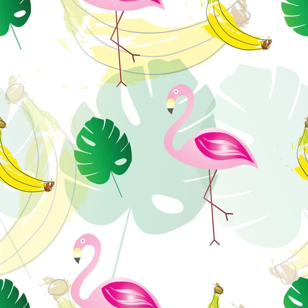 Nahtloses Muster mit Flamingos-Bananen und exotischen tropischen Blättern - Sommerthema — Stockvektor