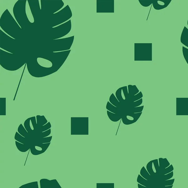 Patrón sin costuras con hojas exóticas verdes y cuadrados sobre fondo verde — Archivo Imágenes Vectoriales