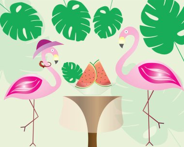 flamingo çiftler karpuz yeme - egzotik tropikal yaprakları - yaz teması  