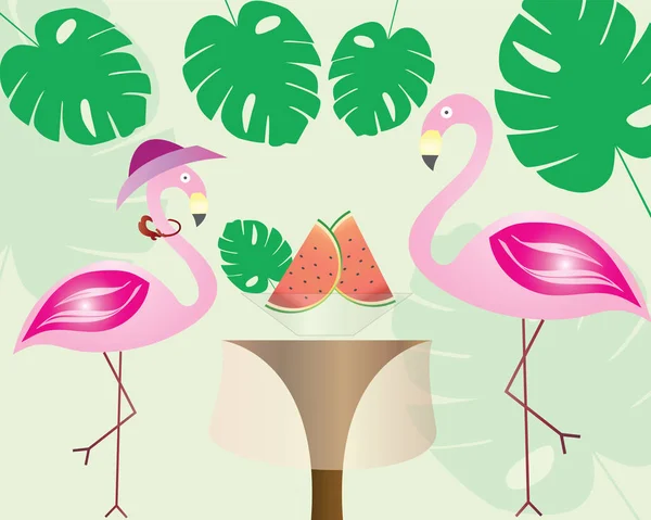Plameňáky konzumní meloun-exotické tropické listy-letní motiv — Stockový vektor