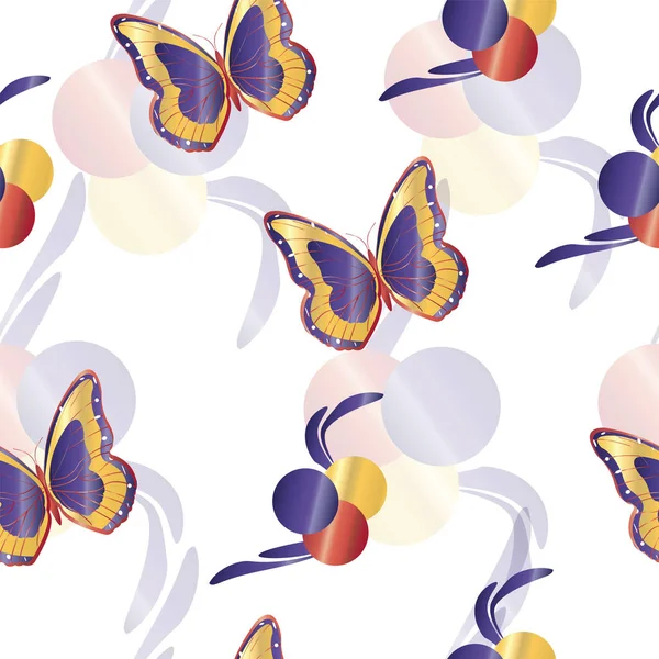 Seamless pattern with butterflies in purple red and yellow colors — Stock Vector