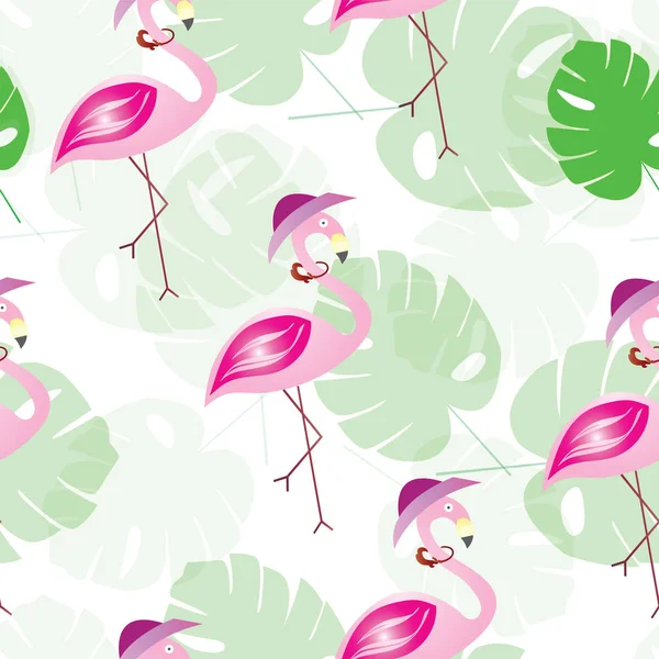 Seamless pattern with flamingos and tropical leaves - summer theme — Stock Vector