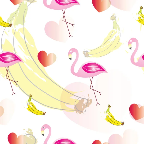 Varratmentes mintázat flamingók szívek és banán — Stock Vector