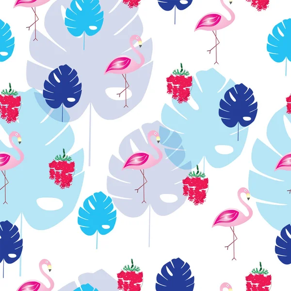 Seamless pattern with flamingos strawberries and blue tropical leaves - summer theme — Stock Vector
