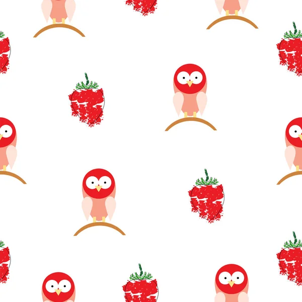 Patrón sin costuras con dibujos animados de aves rojas y fresas vector — Archivo Imágenes Vectoriales