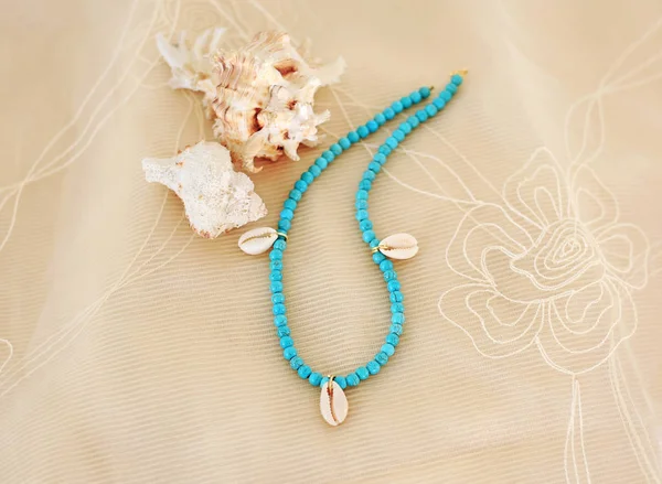 Necklace Turquoise Semi Precious Stones Shells Summer Jewelry Advertisement Brown — Stock Photo, Image
