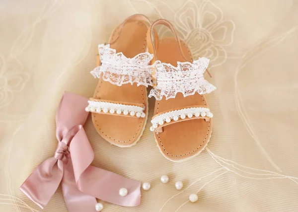 Baptism Baby Shoes White Lace Pearls Greek Leather Sandals Christening — Stock Photo, Image