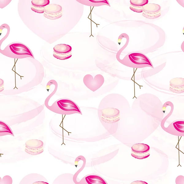 Patrón sin costuras con flamencos y macarrones vector - tema rosa — Archivo Imágenes Vectoriales