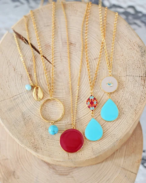 gold chain necklaces with turquoise stones - red stone - gold shell necklace - greek jewelry