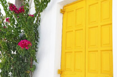 Ano Koufonisi adasında geleneksel ahşap pencere ve bougainvillea çiçeği