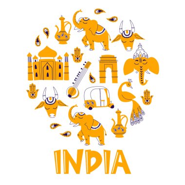 Beyaz izole Hint Doodle simgeler kümesi elle çizilmiş.