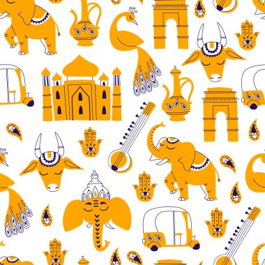 Hindistan simgeleri ile Seamless modeli: fil, inek, Ganesha, Taj mahal, beyaz arka plan üzerinde Hint kapı.
