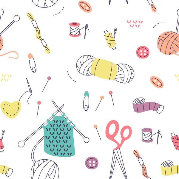 Örgü ve dikiş aletleriyle desen. Vektör Doodle Elementleri. 