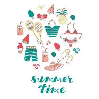 Plaj sevimli Doodle öğeleri ayarlayın. Beyaz arka plan üzerinde izole elle çizilmiş vektör çizim.