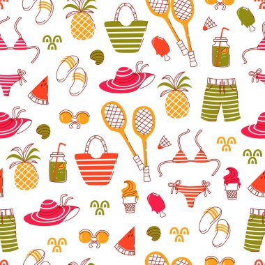 Yaz tatili sorunsuz arka plan ile parmak arası terlik, dondurma, kokteyl, mayo ve diğer.