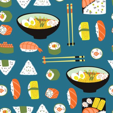 Japon yemekleri elle çizilmiş Doodle Seamless modeli.