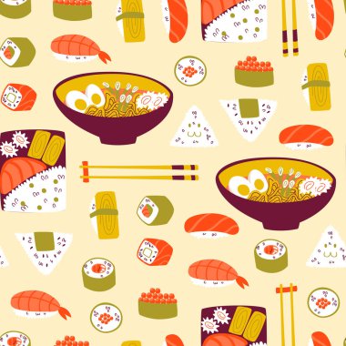 Suşi, Onigiri ve şehriye ile şirin Seamless modeli.