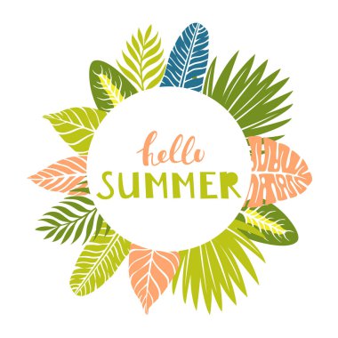 Daire kare metin Merhaba yaz ve elle çizilmiş tropikal yaprak ile.