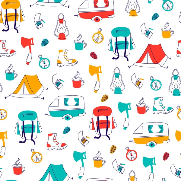 Camping Hand Getekende Vector Naadloze Patroon Reizen Doodles Tent Kompas — Stockvector